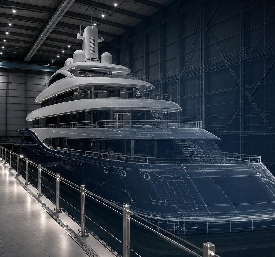 Superyacht interior fit-out underway at a European shipyard, hull and superstructure shown against CAD hull lines